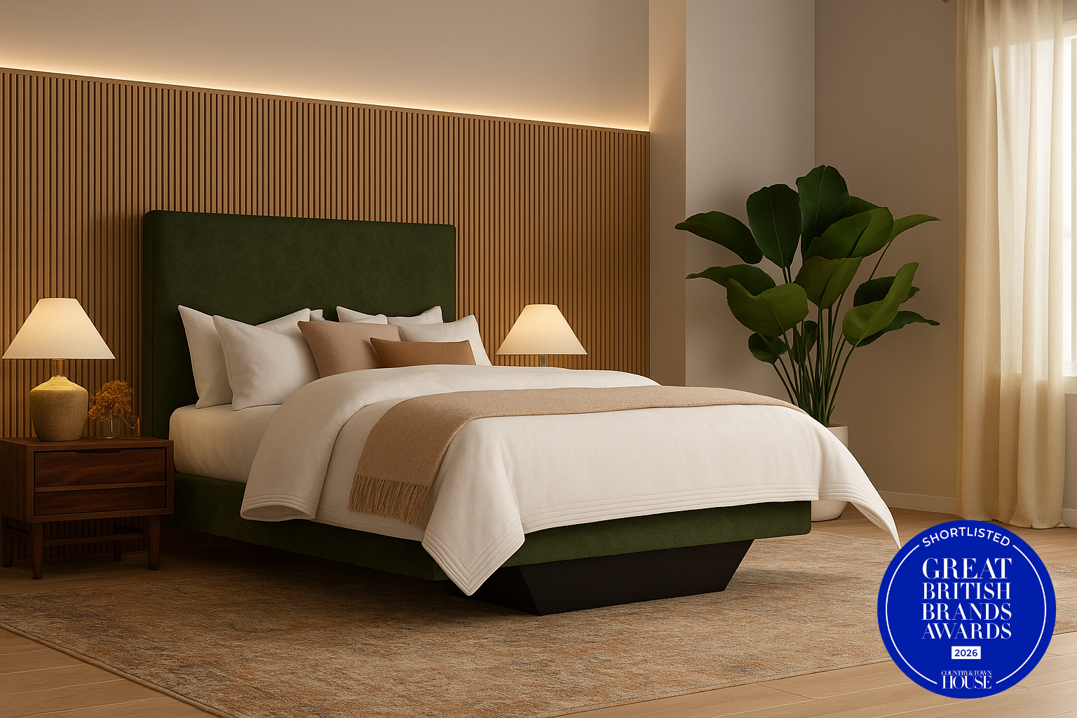 The Signature Collection featuring the Freya headboard and floating base upholstered in dark green fabric